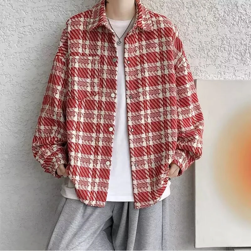潮牌oversize美式格子衬衫男春季2024新款青少年毛呢格纹休闲外套