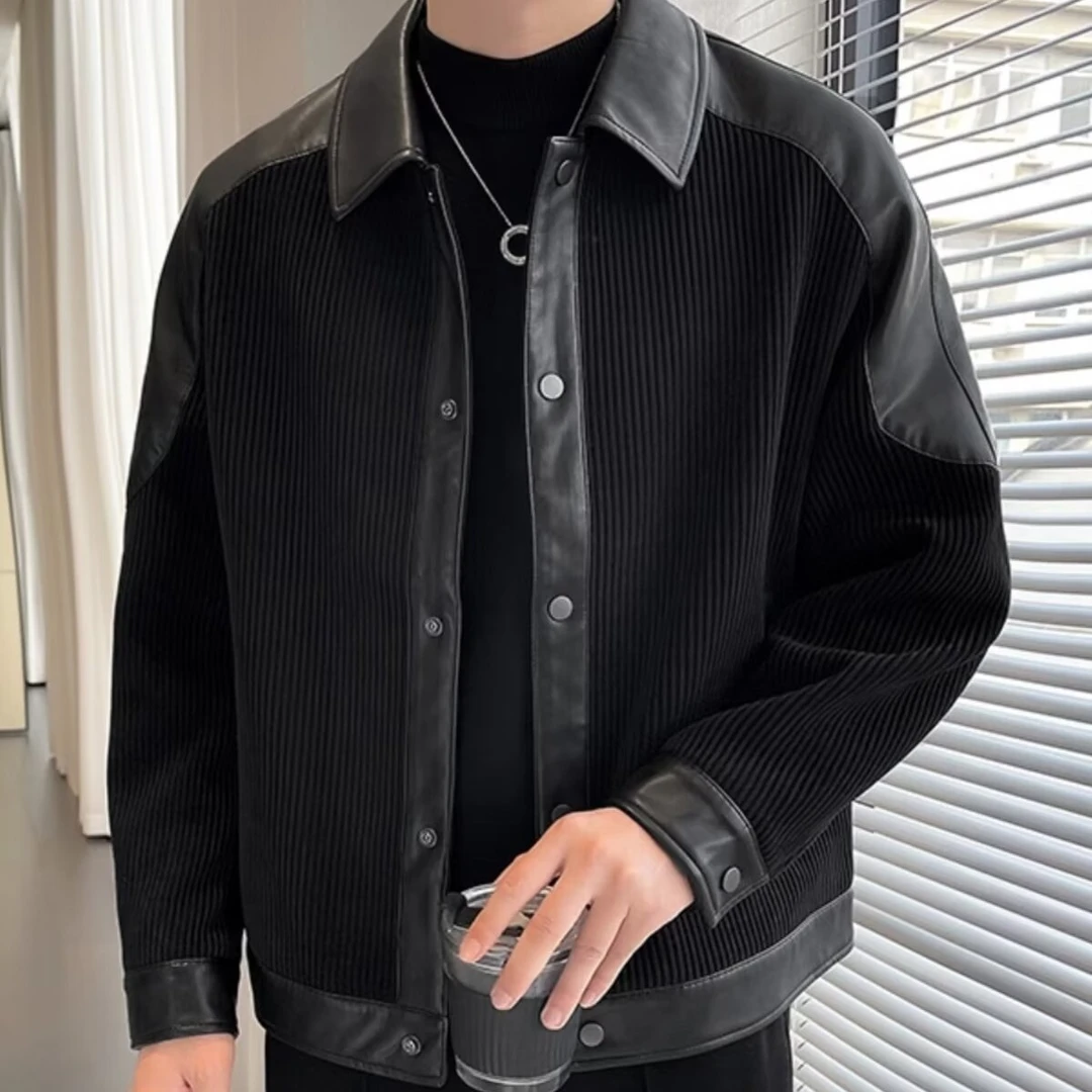 秋冬季短款休闲夹克软PU拼接男翻领潮流韩版黑色外套上衣服潮男装