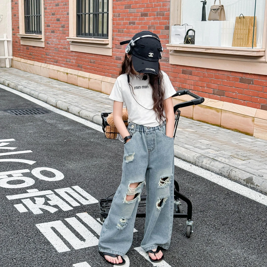 【喜柚】夏季韩版女童薄款宽松中大童破洞休闲直筒显瘦牛仔裤