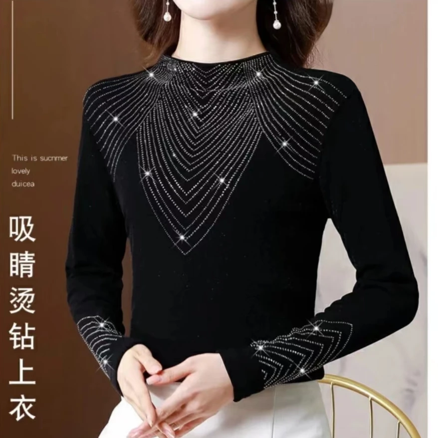 亮钻打底衫女黑色半高领上衣大码遮肚子气质长袖小衫女