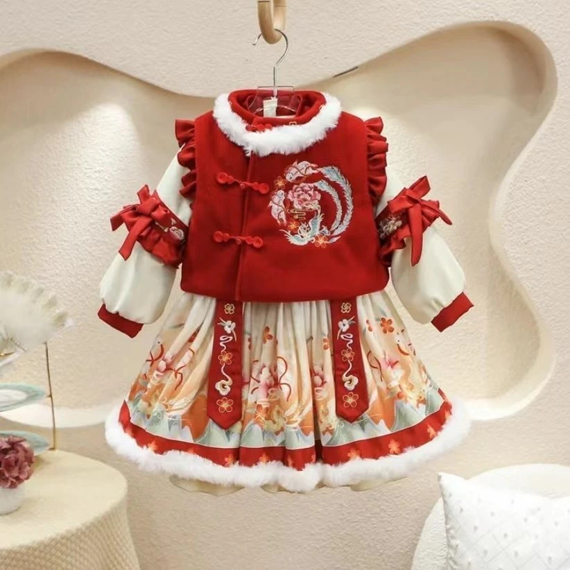 巴拉拉吧女童汉服冬季拜年服女宝中国风古装超仙襦裙爆款儿童唐装