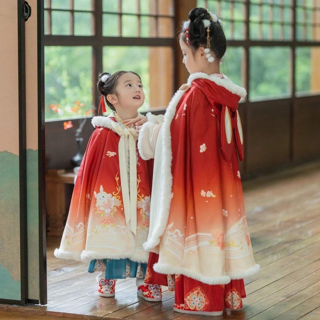 巴拉拉吧女童披风斗篷儿童汉服秋冬加厚加绒中国风古风红色外出防