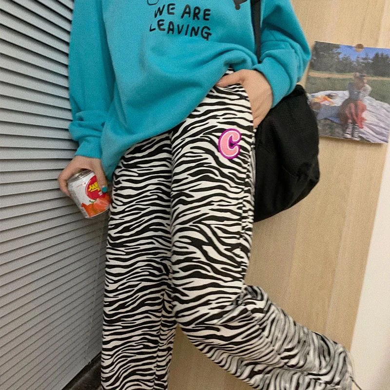 斑马纹休闲裤女2025春季新款黑白相间显瘦垂坠感阔腿裤子