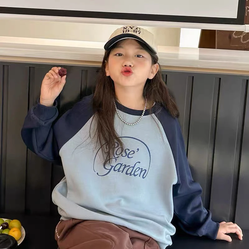 1春款卫衣宽松上衣女童假两件春秋圆领韩版时尚撞色