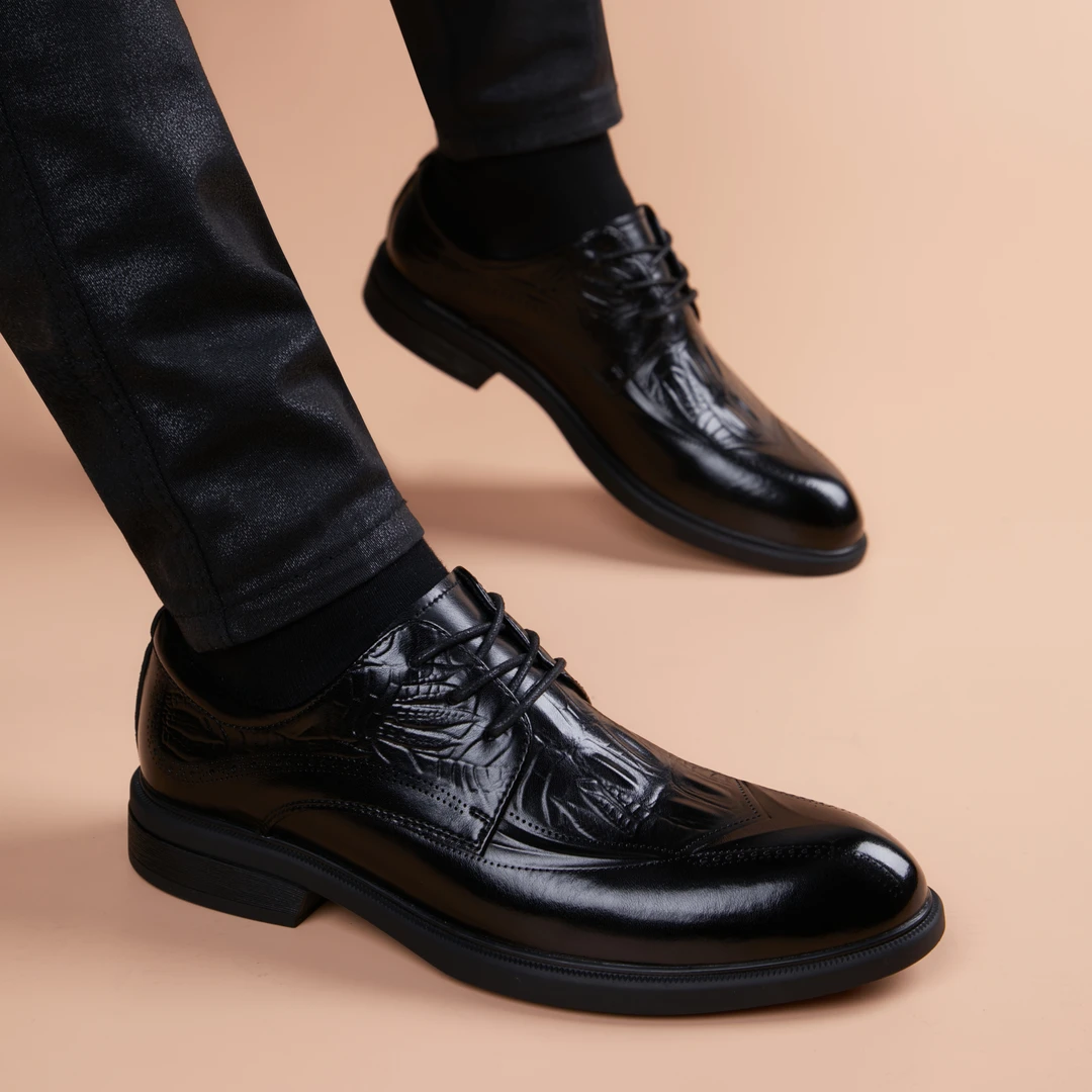 鳄鱼纹橡胶底皮鞋增高英伦风新款青年时尚系带百搭商务休闲男皮鞋