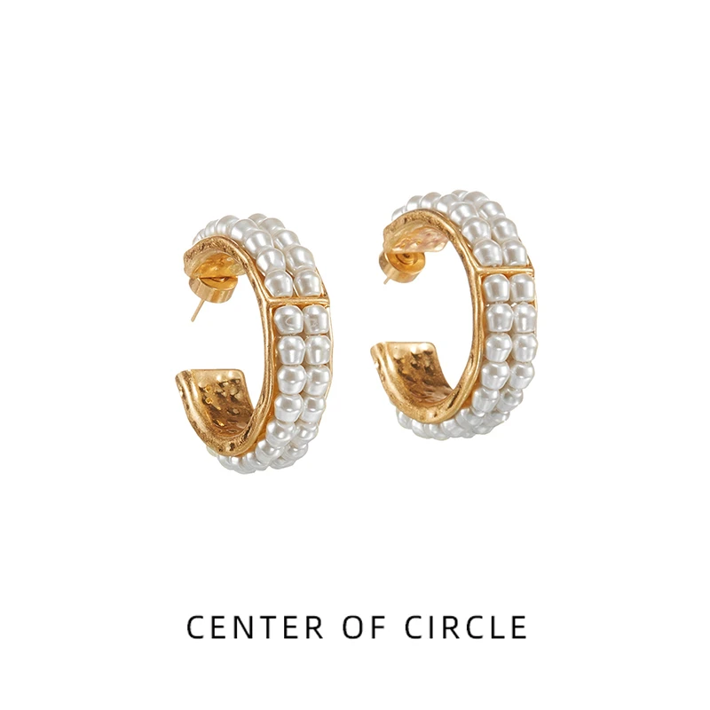 铜合金仿珍珠耳饰 COC圆心年轮高级保色镀金双层仿珍珠耳圈耳环