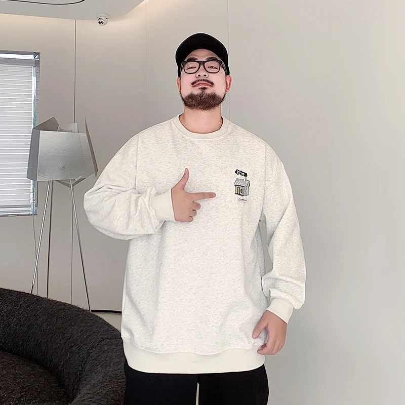 大码男装春季新款长袖刺绣圆领胖子加肥加大大码套头宽松打底卫衣