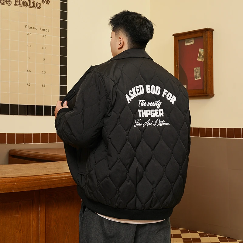 THE PANG大码男装2024冬菱形格翻领棉服胖子宽松加肥加大棉衣