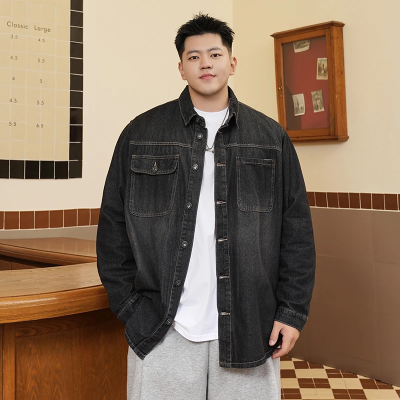THEPANG潮牌大码男装秋季新款水洗长袖牛仔衬衫胖子宽松加肥加大