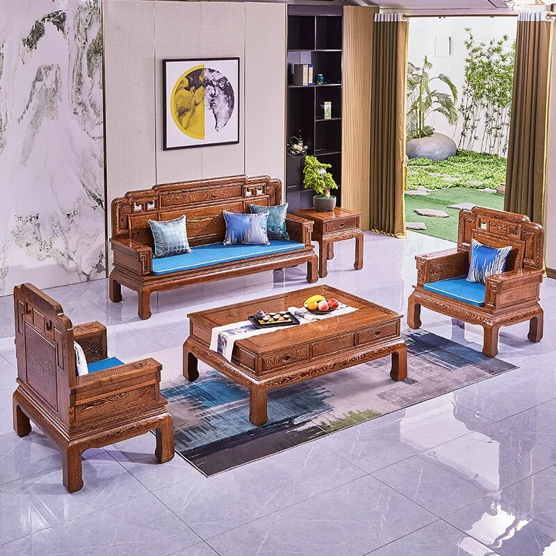 国色天香 鸡翅木沙发实木古典中式雕花沙发中户型组合 红木家具