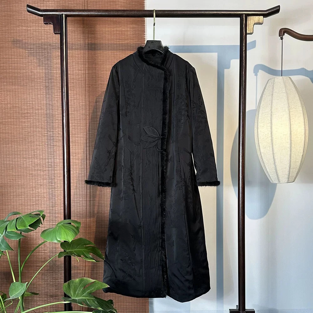 香云纱100桑蚕丝棉服拼接真水貂新中式长款保暖舒服大方8931