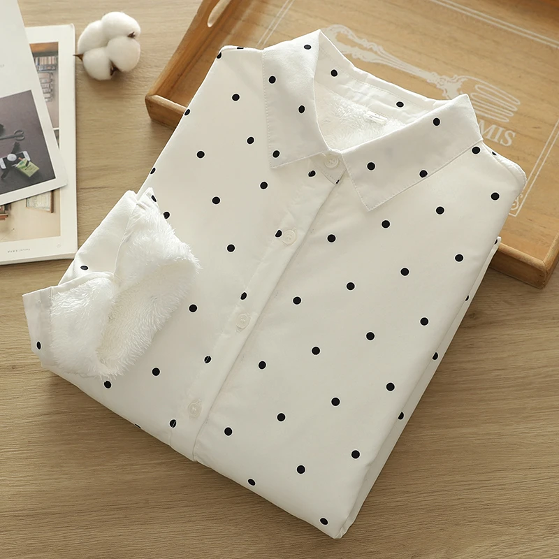 秋冬波点印花新款加绒加厚尖领衬衫女百搭衬衣显瘦叠穿休闲上衣