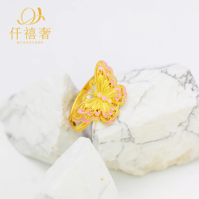仟禧奢足金999 珐琅粉宫廷戒指  精美轻奢精致送妈妈送女友（408）