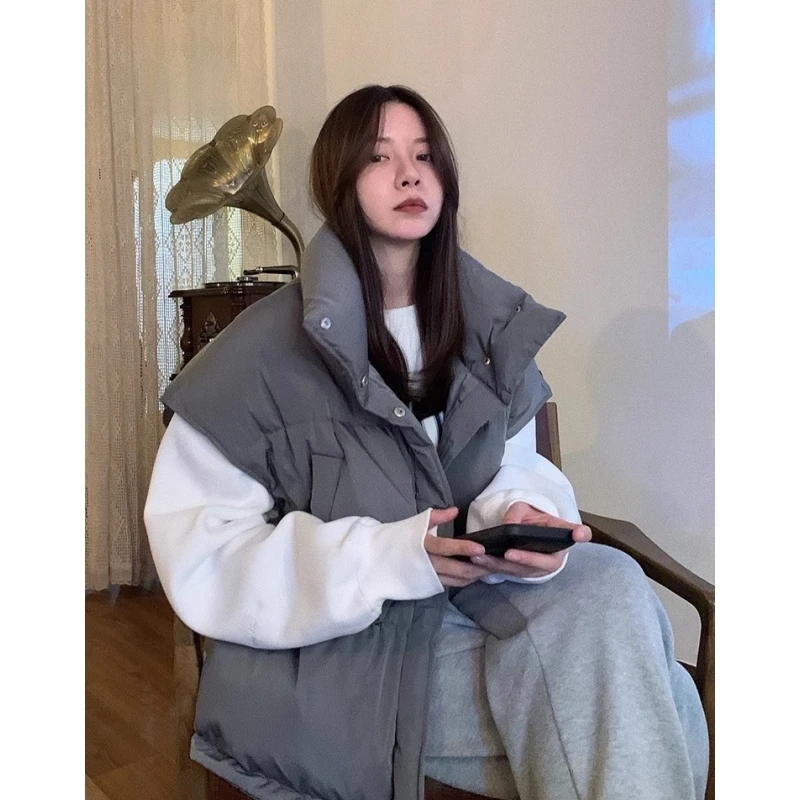 秋冬洋气灰色棉马甲女款爆款2025新款学院风宽松保暖加厚坎肩马夹