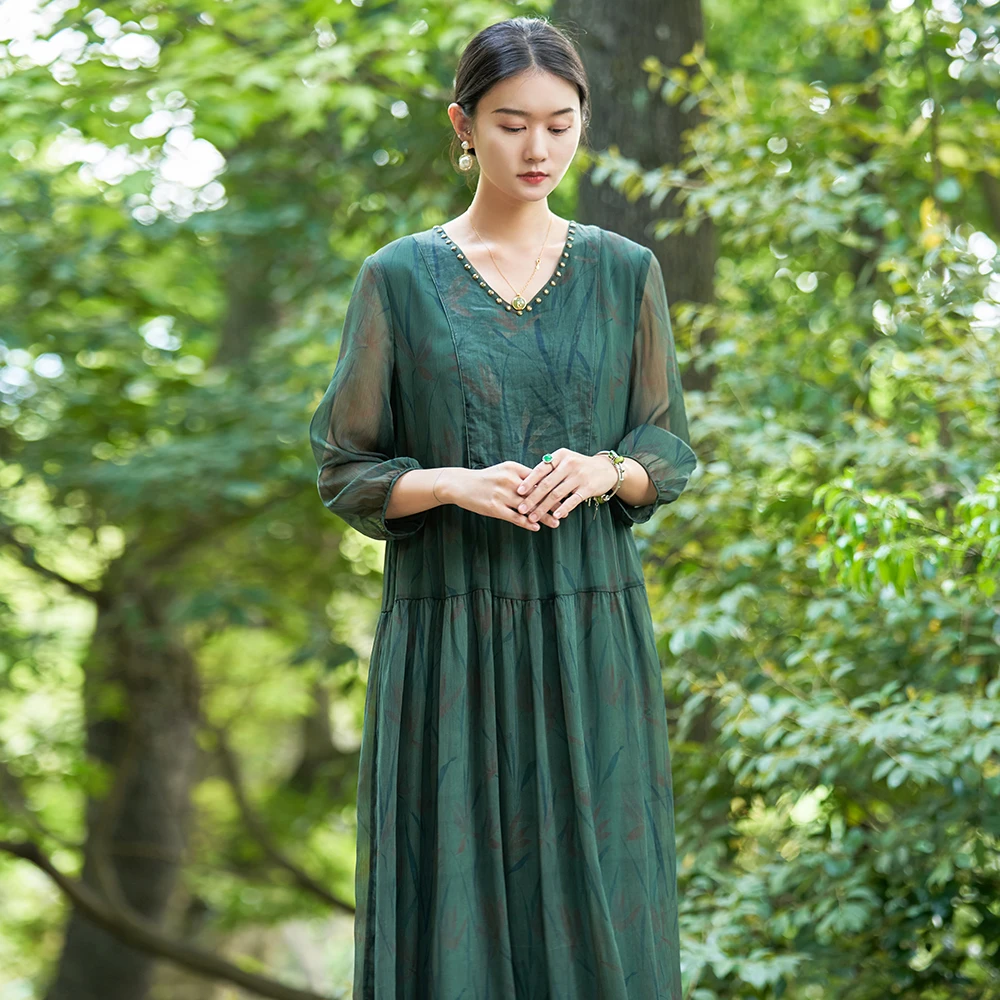 新中式V领印花连衣裙-32225