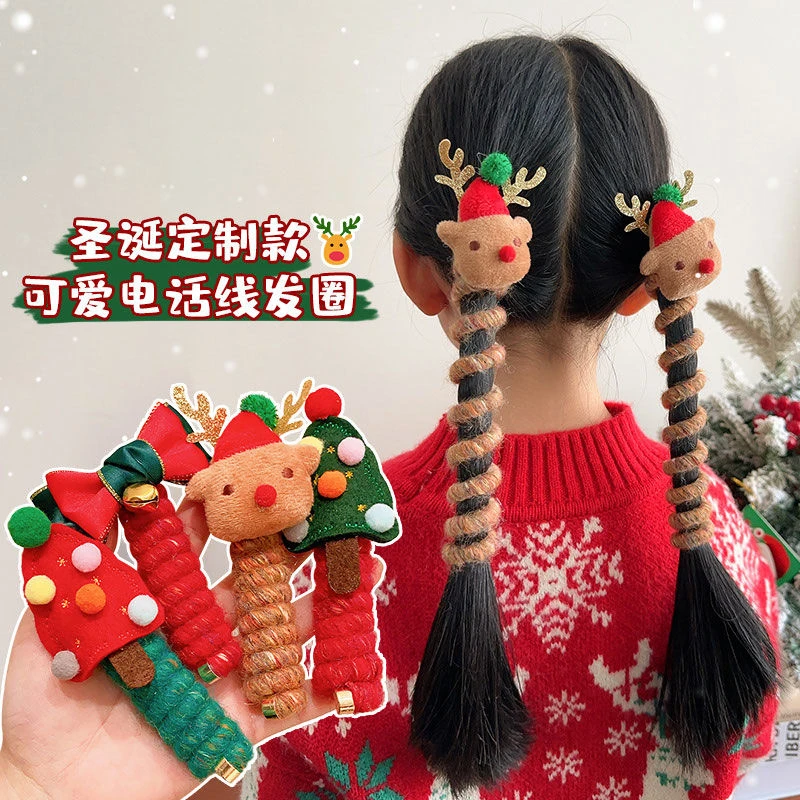 圣诞节头饰儿童电话线发圈女孩扎辫子圣诞树头绳女童节日装扮发饰