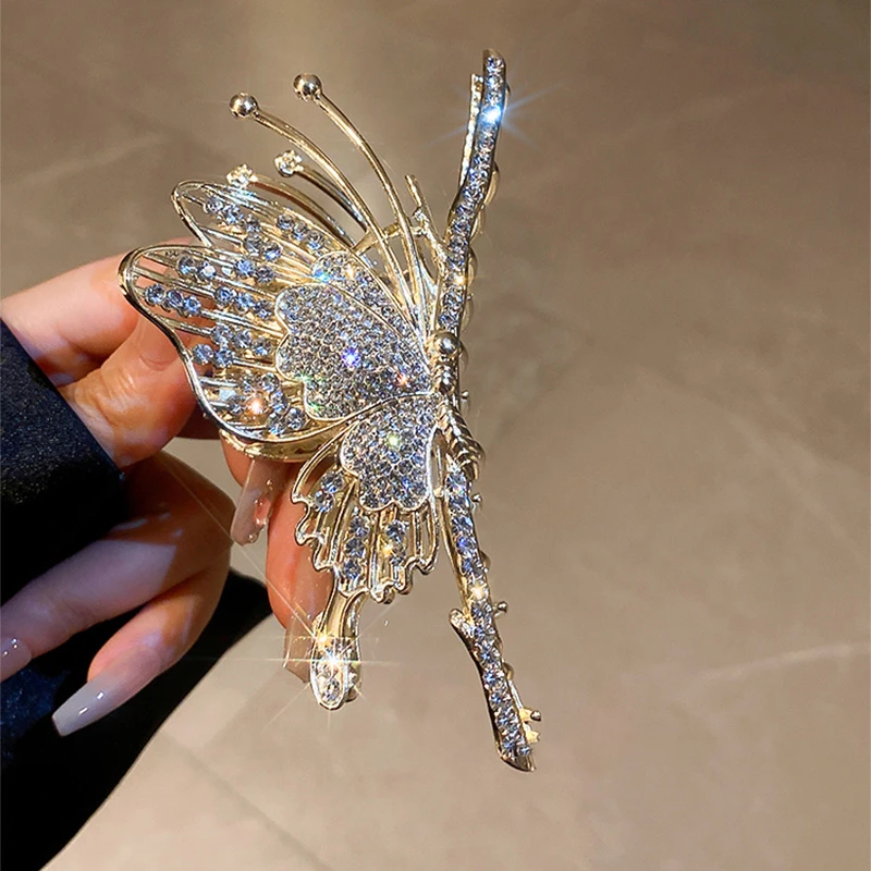 锌合金发饰 闪钻蝴蝶发夹后脑勺抓夹轻奢设计感盘发鲨鱼夹头饰