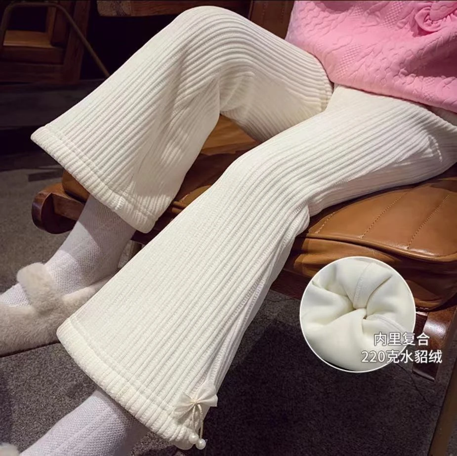 女童加绒雪尼尔长裤冬装2024新款洋气儿童喇叭裤女孩一体绒休闲裤