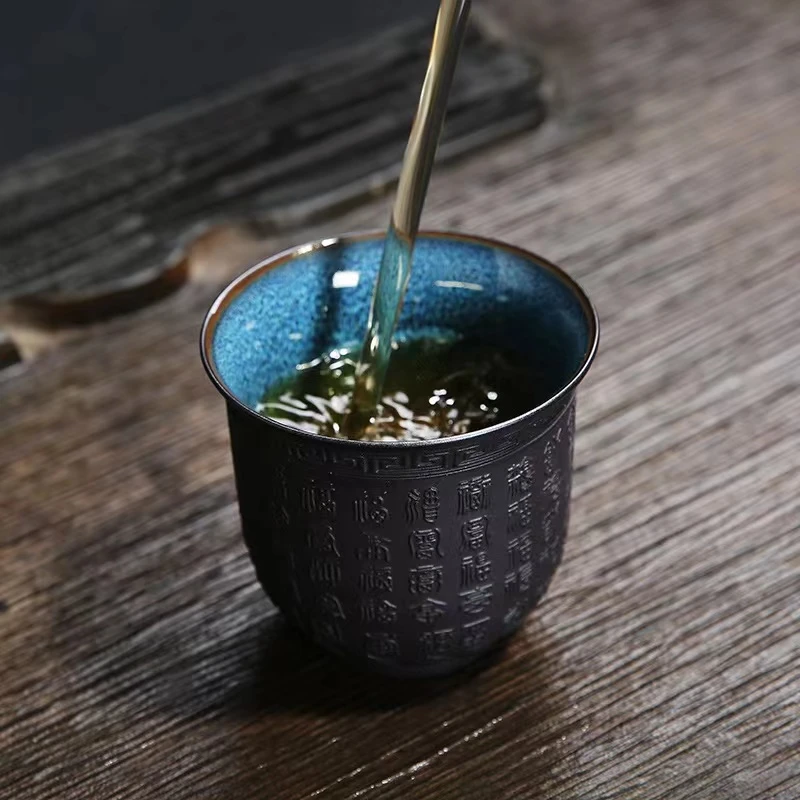 百福雕刻窑变炫彩茶盏杯家用陶瓷主人杯个人杯品茗杯大容量复古