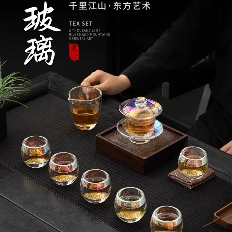 七彩贝彩烧水晶茶具高档玻璃三才盖碗套装耐热家用中式办公礼盒装