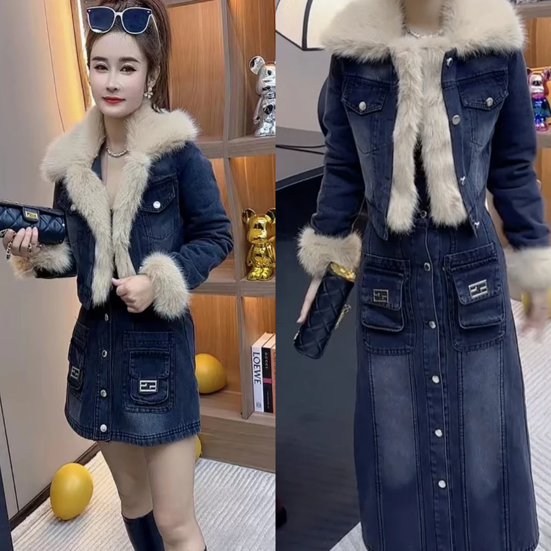 秋冬款时尚套装牛仔加棉复古显瘦收腰短外套辣妹半身裙长短款