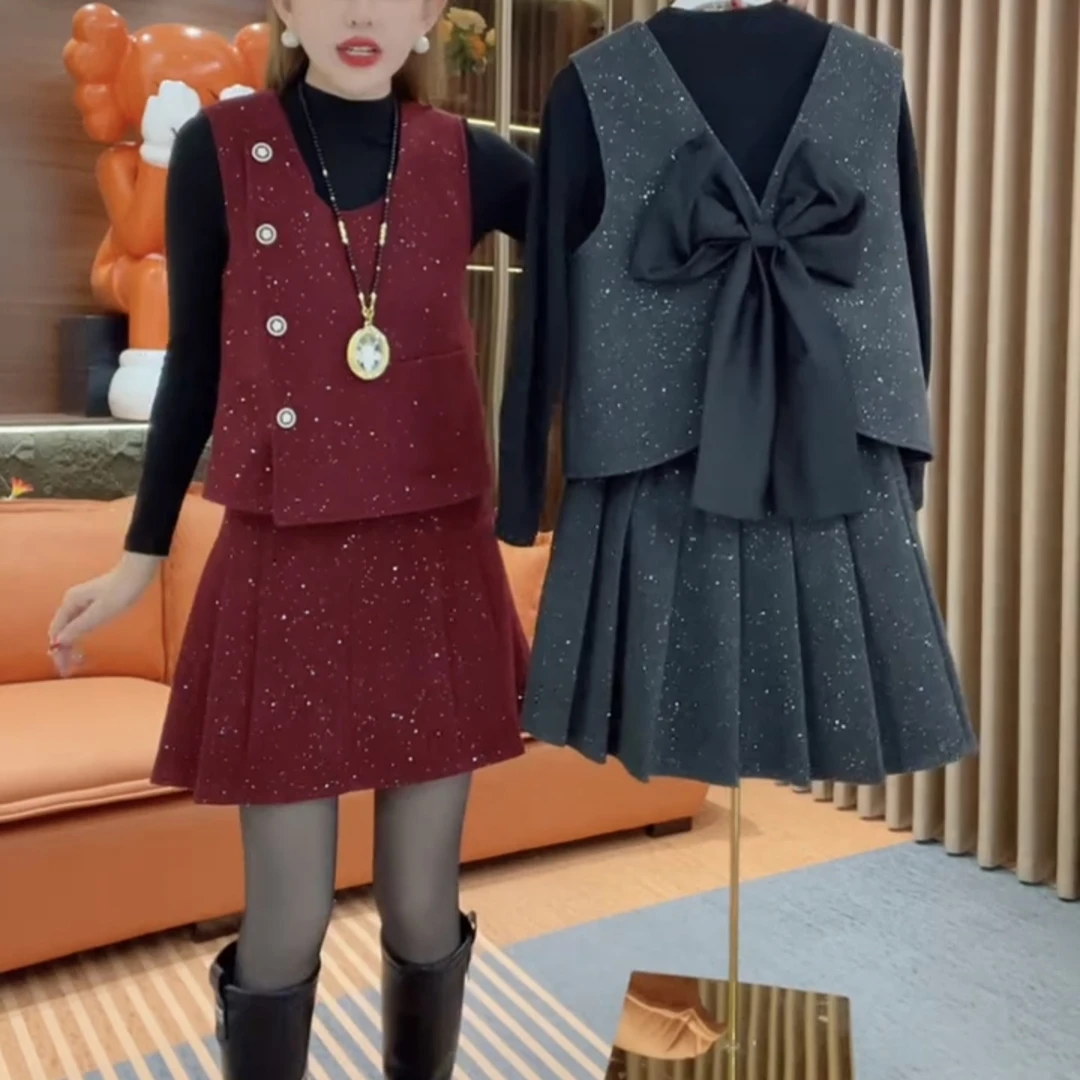 法式三件套小香风马甲裙修身打底衫气质显瘦蝴蝶结设计感