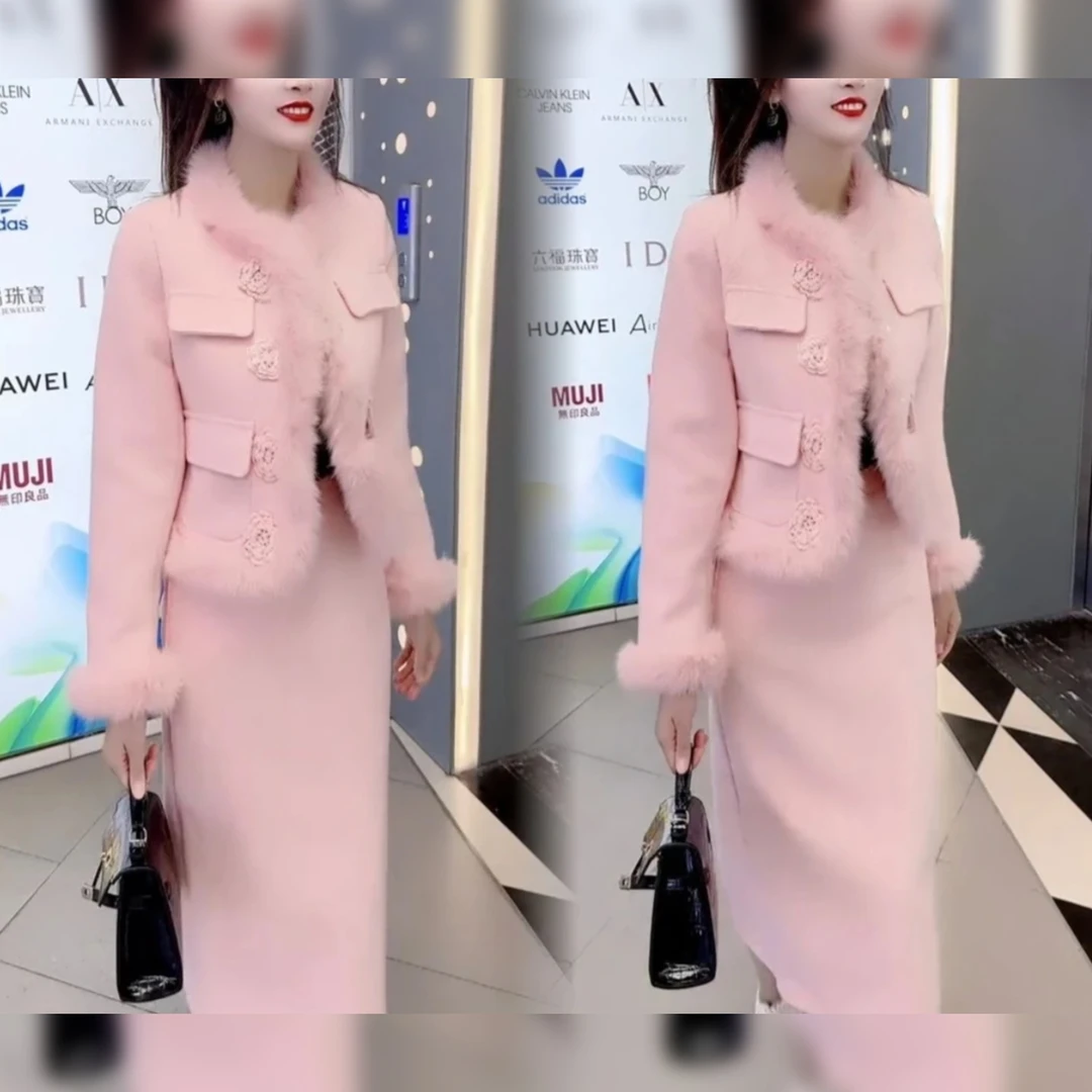 温婉淑女时尚套装裙冬季新款洋气文艺复古半身裙加厚