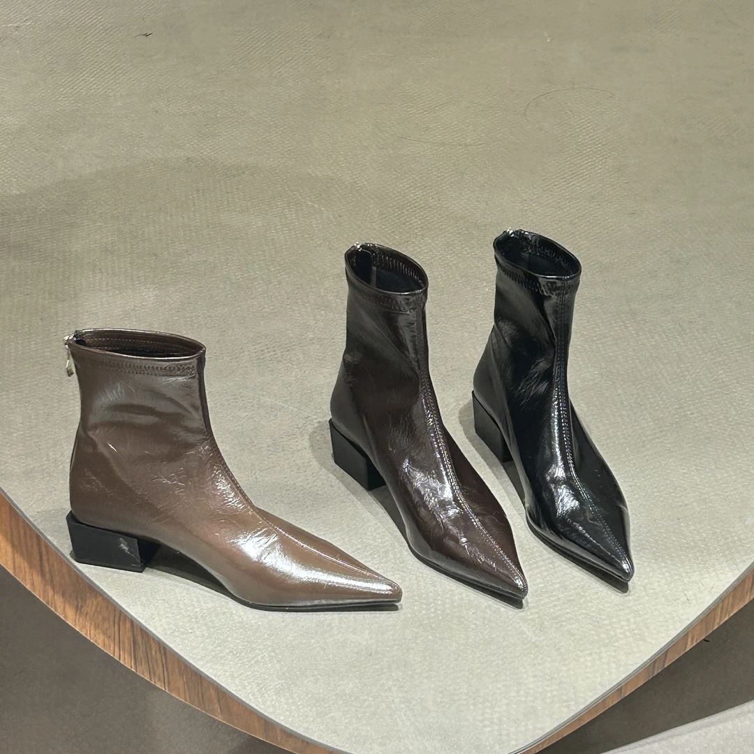 弹力瘦瘦靴韩版尖头短靴女2024秋粗跟中跟软皮显瘦靴及裸靴后拉链