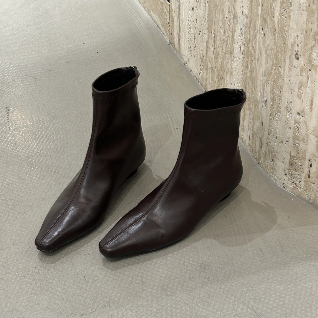 韩版方头头法式裸靴平底复古短靴女秋冬新款瘦瘦踝靴短靴ins女鞋