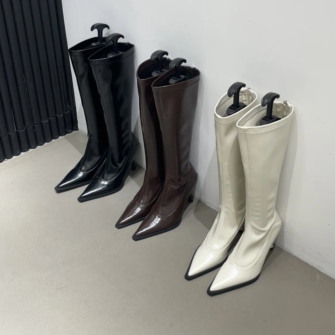 欧美风尖头显瘦不过膝靴女2023秋季细跟高筒长靴后拉链高跟瘦瘦靴