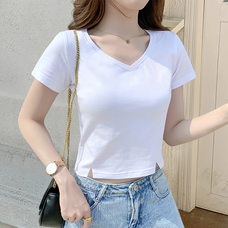 拉夏贝尔V领白色T恤女短袖夏季小个子开叉修身短款棉质打底衫上衣