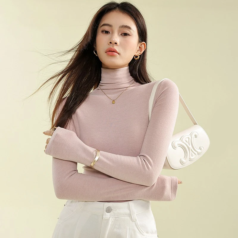 浪莎德绒打底衫女2023新款加厚百搭洋气拼接高领时尚T恤中领薄款