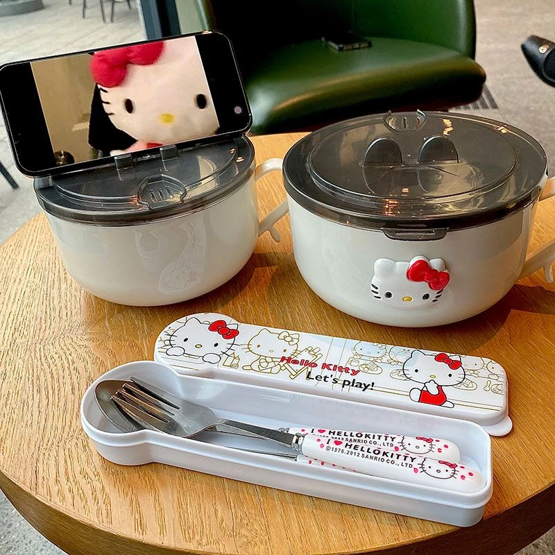 KT猫304不锈钢泡面碗带盖ins日系大容量可沥水方便面碗学生饭盒