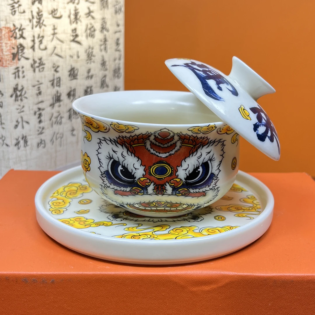 茶具三才盖碗悬停挂盖旋转盖碗泡茶三件套高端功夫茶艺茶杯陶瓷