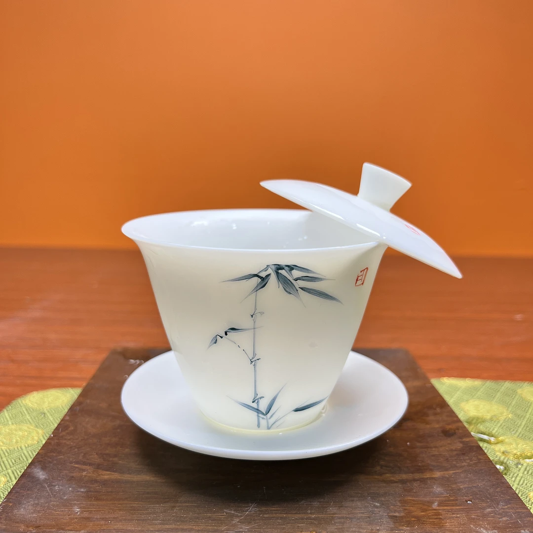 茶具盖碗悬停三才盖碗景德镇薄胎白瓷大号手工泡茶防烫陶瓷茶杯器