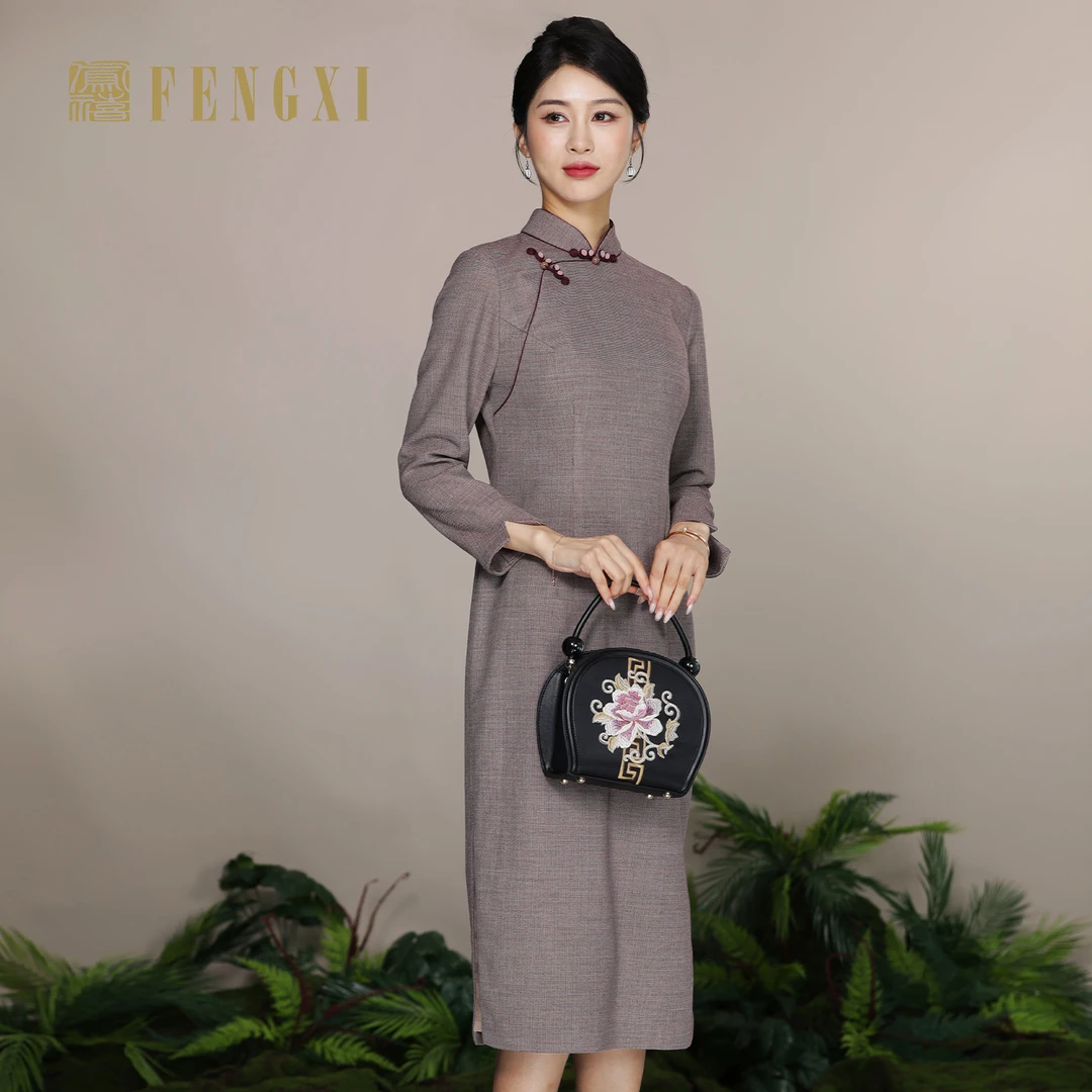 凤禧秋冬款九分袖格子棕色新中式旗袍日常文艺女士斜襟