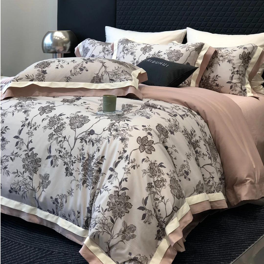 向往家全棉轻奢长绒棉全棉磨毛轻奢简约印花机洗四件套欧式