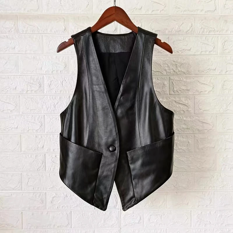 皮马甲外搭时尚V领无袖坎肩绵羊皮真皮背心修身百搭马甲