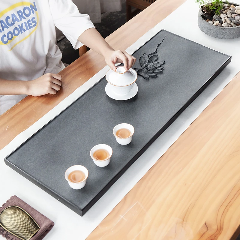 茗昊天然乌金绿石浮雕莲云东上整块中式家用高端轻奢茶台茶托盘
