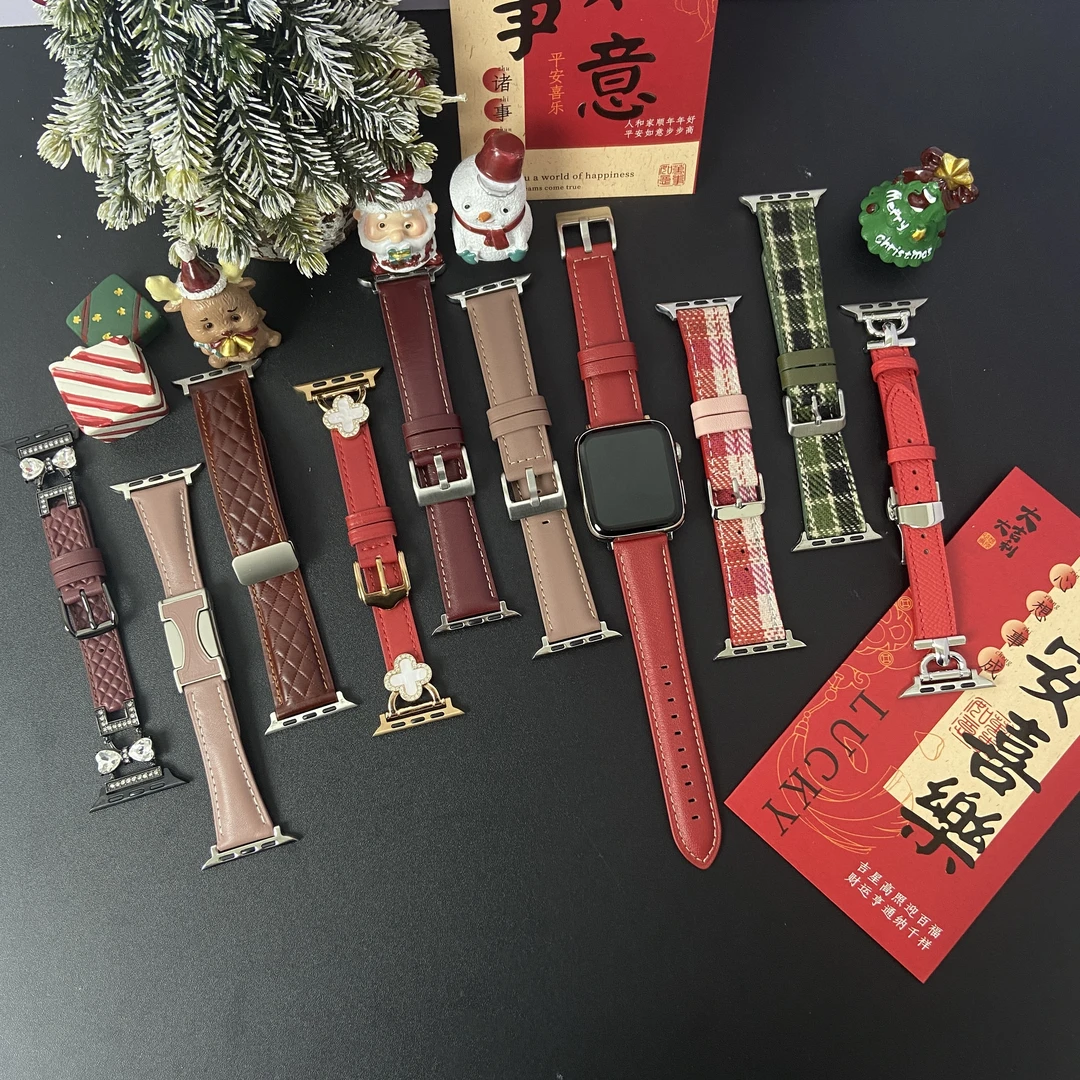 适用苹果华为FIT3智能手表新年红圣诞节八方来财真皮酒红表带9pro
