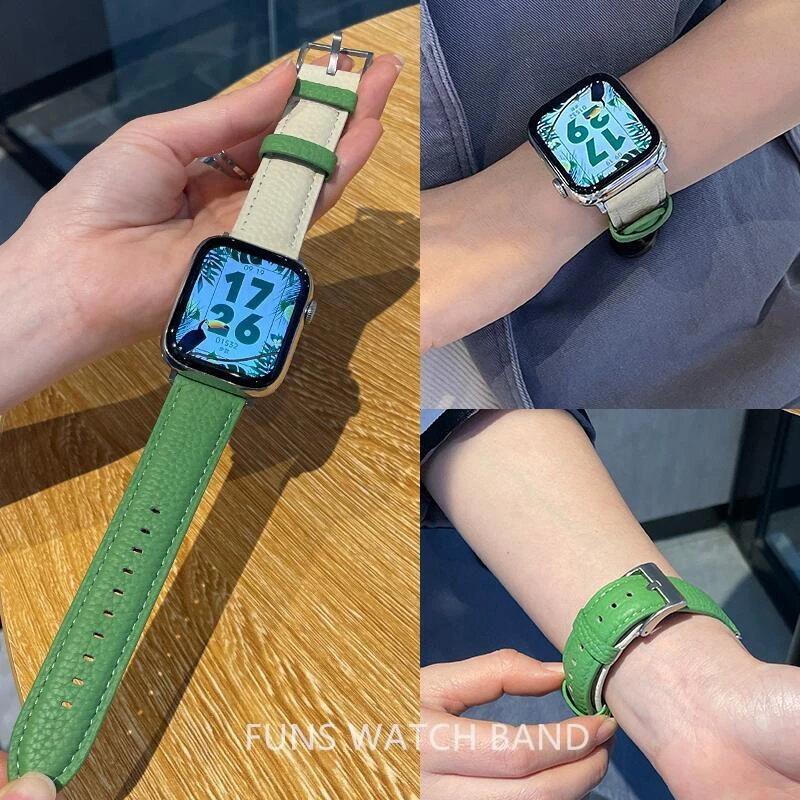 适用AppleiwatchS10S987SE皮质拼色表带真皮荔枝纹S9E49Ultra