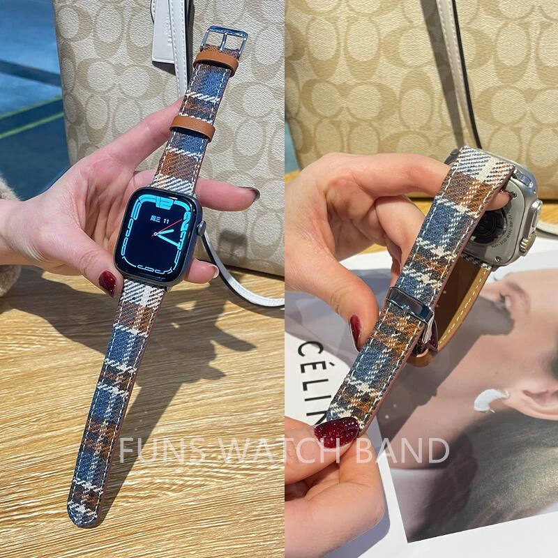 适用苹果applewatch10棕格纹表带小牛皮S9通用S8ultraSE456女生49
