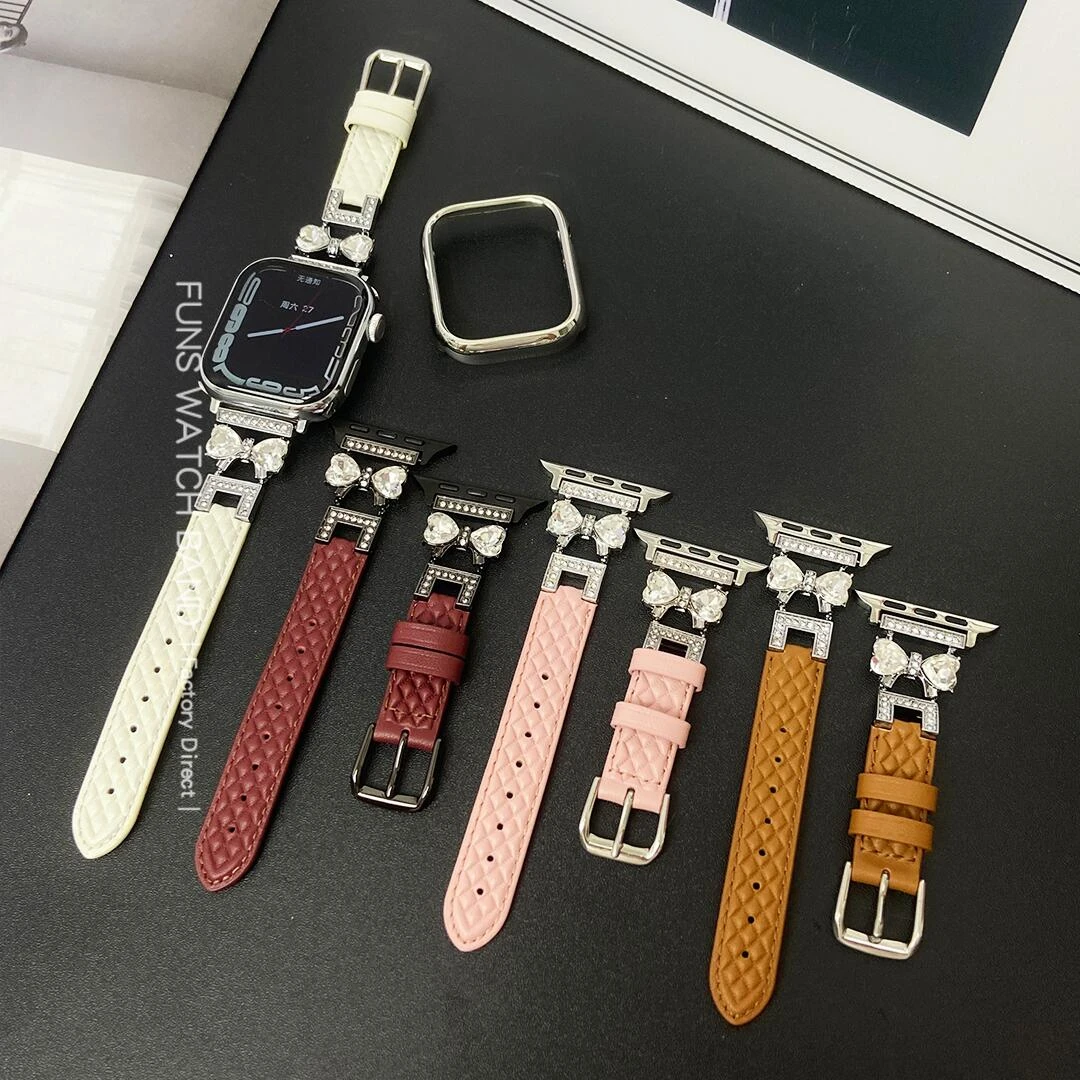 适用苹果AppleiwatchS109876SE蝴蝶结锆石菱格皮带女高级质感秋冬