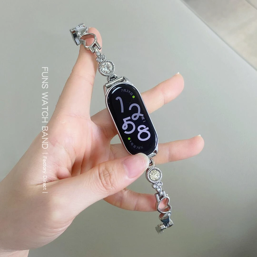 适用于小米手环8/9心连心锆石手链表带ins风女华为手环8/9轻奢FIT