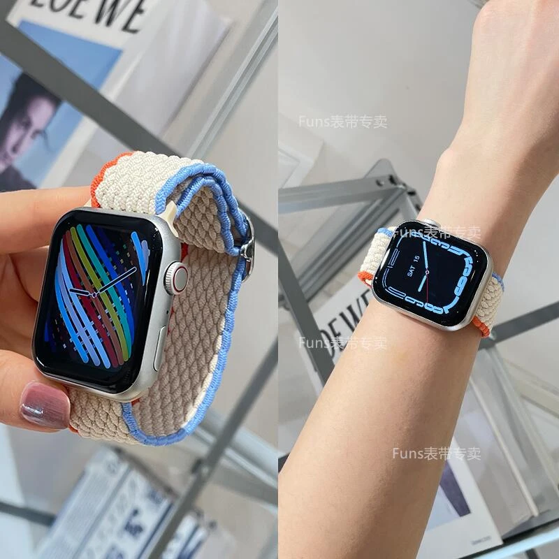 适用iwatchS8ultra编织拼色尼龙弹力苹果表带applewatchS1098745m