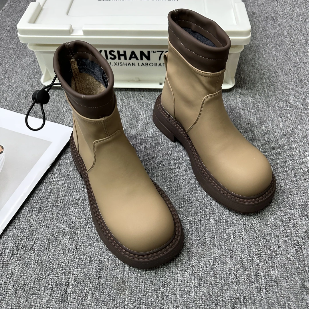 冬季新款真牛皮厚底女英伦风粗跟系带短靴 2023-01 高版