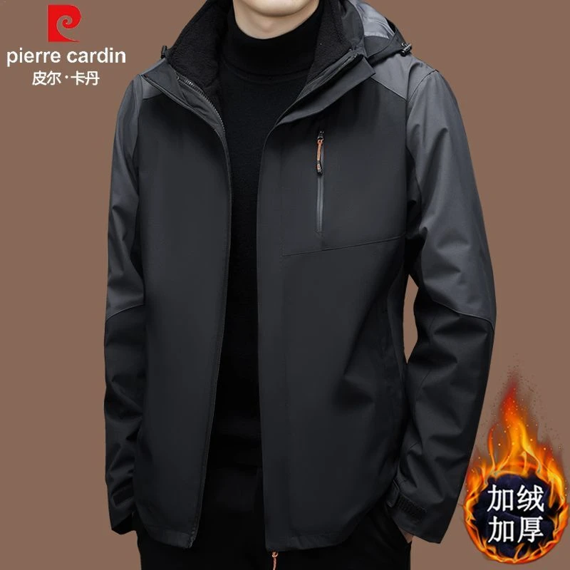 皮尔卡丹正品冲锋衣外套男三合一可拆卸秋冬加絨加厚户外登山防风