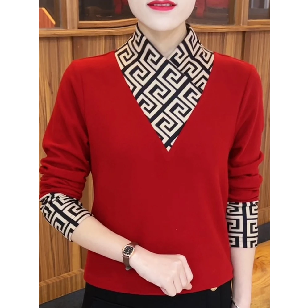 中年妈妈长袖围巾领打底衫2024秋冬新款妈妈装加厚长袖保暖上衣女