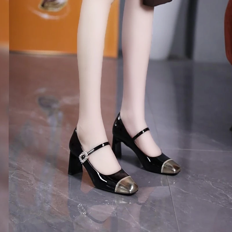 秋新款小香风玛丽珍亮皮拼接高跟鞋女2024百搭方头一字带粗跟单鞋