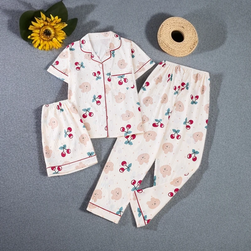 睡衣女夏季短袖短裤套装开衫三件套薄款新款可外穿宽松女士家居服